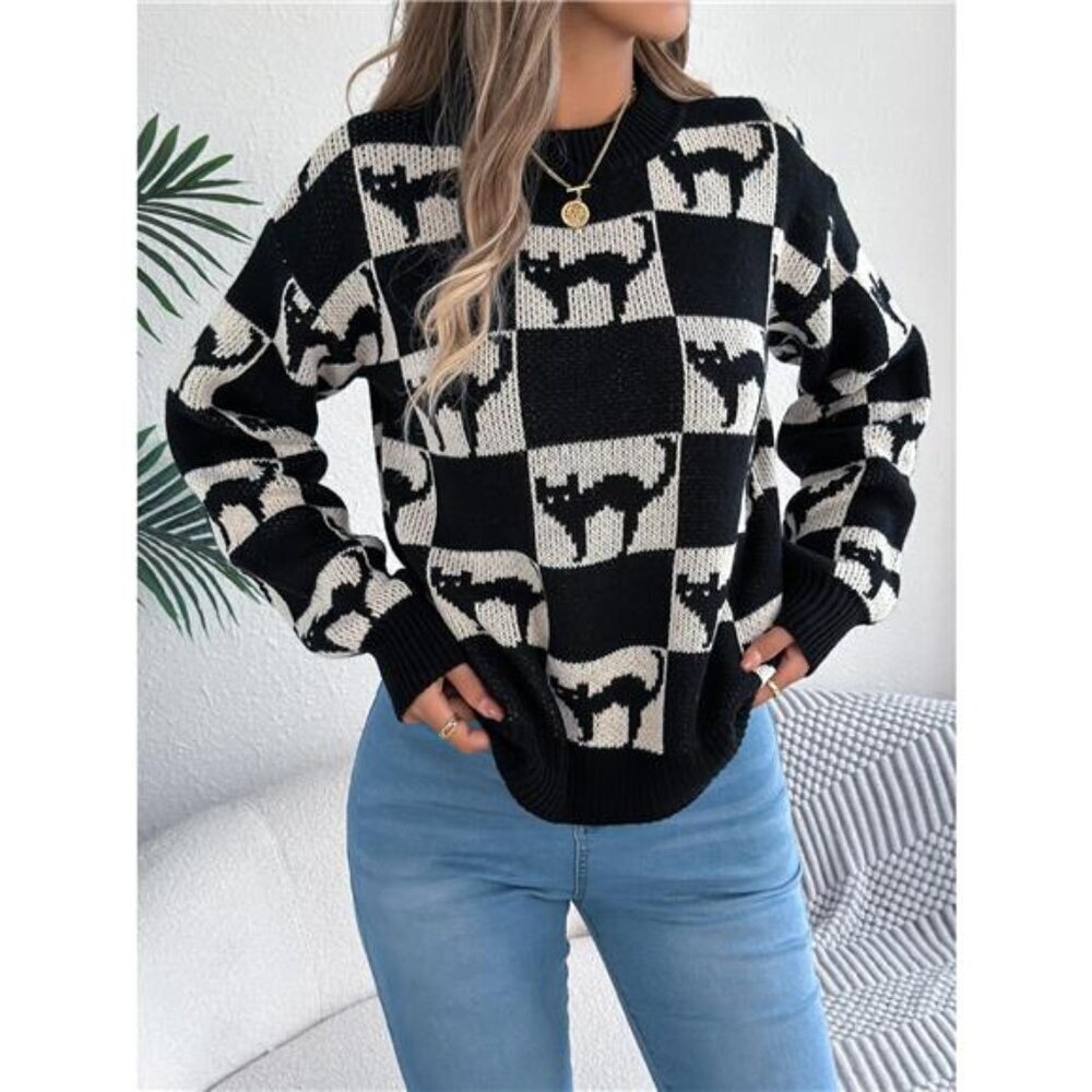 Cozy Cat Checkerboard Pattern Sweater